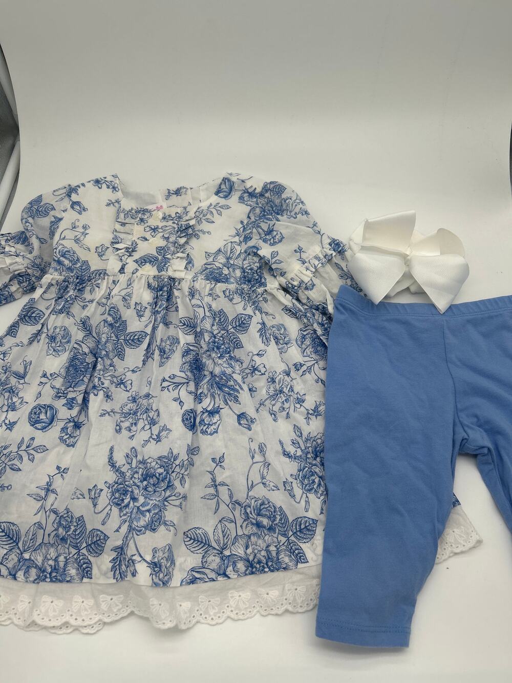 Bonnie Baby 24M Girls Blue White Floral Tunic Set Leggings Bow Headband Outfit